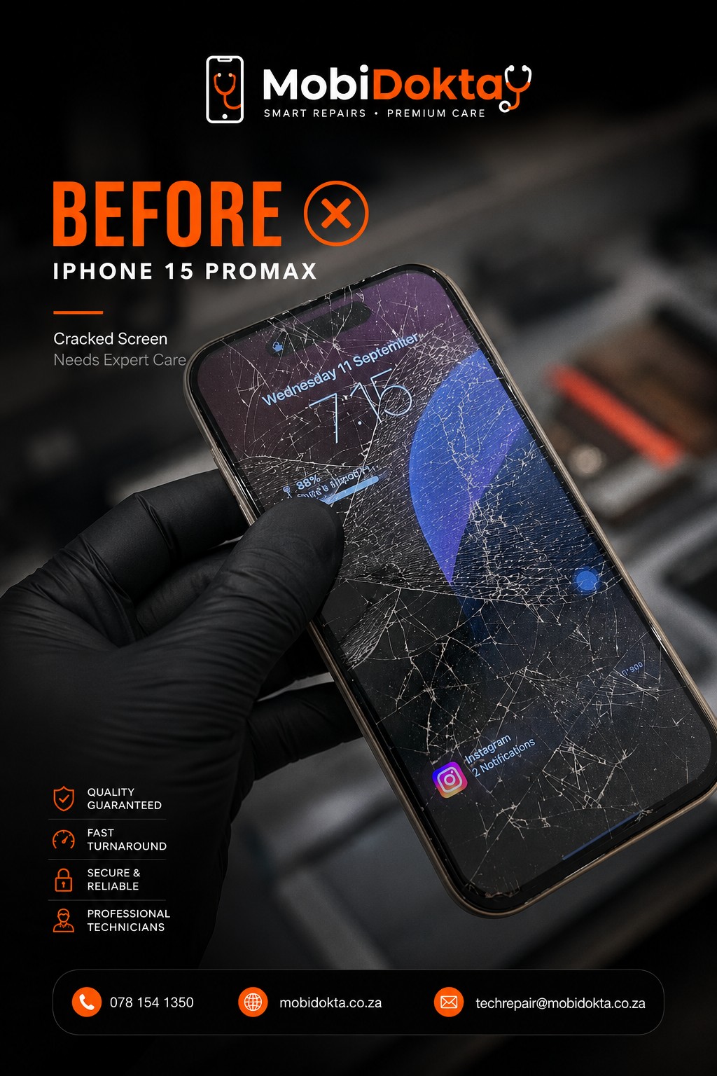 iPhone 15 Pro Max with shattered screen before repair